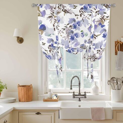 Purple Brown Spring Floral Tie Up Curtains for Window, Watercolor Blooming Botanical Summer Thermal Insulated Balloon Shade Rod Pocket Curtains Valance Panels for Kitchen Bathroom Café 52'' x 45'' in Saudi Arabia