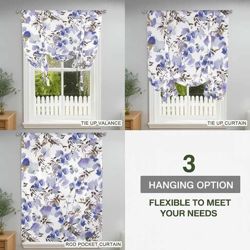 Purple Brown Spring Floral Tie Up Curtains for Window, Watercolor Blooming Botanical Summer Thermal Insulated Balloon Shade Rod Pocket Curtains Valance Panels for Kitchen Bathroom Café 52'' x 45'' in Saudi Arabia
