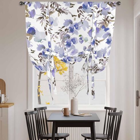Purple Brown Spring Floral Tie Up Curtains for Window, Watercolor Blooming Botanical Summer Thermal Insulated Balloon Shade Rod Pocket Curtains Valance Panels for Kitchen Bathroom Café 52'' x 45'' in Saudi Arabia