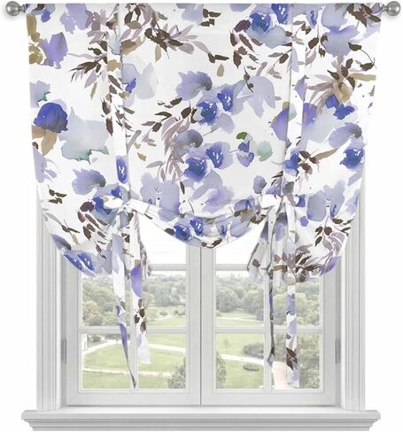 Purple Brown Spring Floral Tie Up Curtains for Window, Watercolor Blooming Botanical Summer Thermal Insulated Balloon Shade Rod Pocket Curtains Valance Panels for Kitchen Bathroom Café 52'' x 45'' in Saudi Arabia