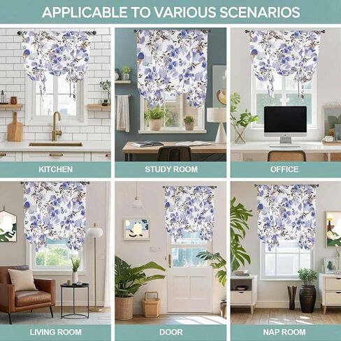 Purple Brown Spring Floral Tie Up Curtains for Window, Watercolor Blooming Botanical Summer Thermal Insulated Balloon Shade Rod Pocket Curtains Valance Panels for Kitchen Bathroom Café 52'' x 45'' in Saudi Arabia