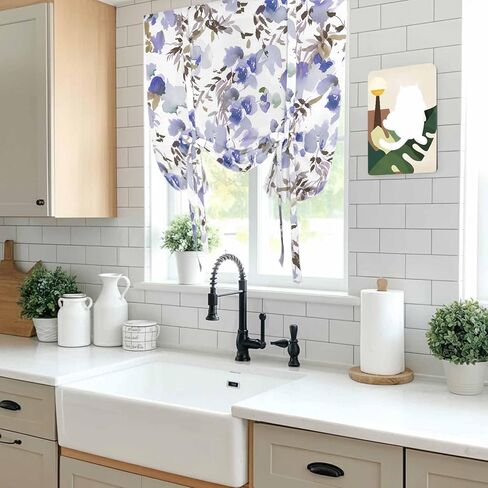 Purple Brown Spring Floral Tie Up Curtains for Window, Watercolor Blooming Botanical Summer Thermal Insulated Balloon Shade Rod Pocket Curtains Valance Panels for Kitchen Bathroom Café 52'' x 45'' in Saudi Arabia