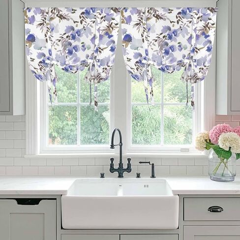 Purple Brown Spring Floral Tie Up Curtains for Window, Watercolor Blooming Botanical Summer Thermal Insulated Balloon Shade Rod Pocket Curtains Valance Panels for Kitchen Bathroom Café 52'' x 45'' in Saudi Arabia