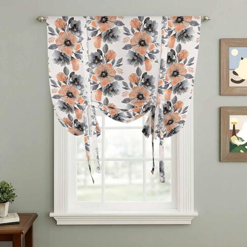 Orange Floral Tie Up Curtains for Window, Abstract Watercolor Flower Leaf Plant Thermal Insulated Balloon Shade Adjustable Rod Pocket Curtains Valance Panels for Kitchen Bathroom Café 42'' x 54'' in Saudi Arabia