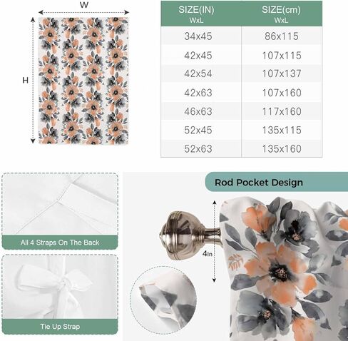 Orange Floral Tie Up Curtains for Window, Abstract Watercolor Flower Leaf Plant Thermal Insulated Balloon Shade Adjustable Rod Pocket Curtains Valance Panels for Kitchen Bathroom Café 42'' x 54'' in Saudi Arabia
