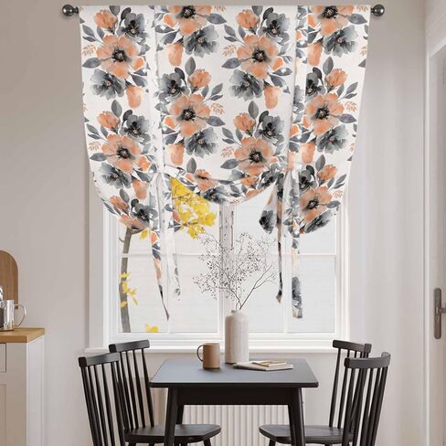 Orange Floral Tie Up Curtains for Window, Abstract Watercolor Flower Leaf Plant Thermal Insulated Balloon Shade Adjustable Rod Pocket Curtains Valance Panels for Kitchen Bathroom Café 42'' x 54'' in Saudi Arabia