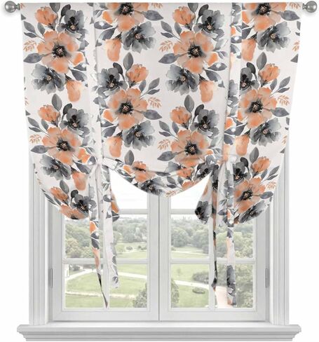Orange Floral Tie Up Curtains for Window, Abstract Watercolor Flower Leaf Plant Thermal Insulated Balloon Shade Adjustable Rod Pocket Curtains Valance Panels for Kitchen Bathroom Café 42'' x 54'' in Saudi Arabia