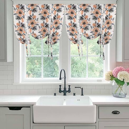 Orange Floral Tie Up Curtains for Window, Abstract Watercolor Flower Leaf Plant Thermal Insulated Balloon Shade Adjustable Rod Pocket Curtains Valance Panels for Kitchen Bathroom Café 42'' x 54'' in Saudi Arabia