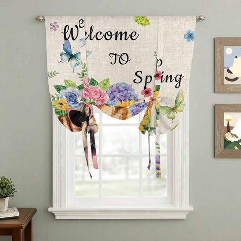Spring Dog Tie Up Curtains for Window, Rustic Watercolor Botanical Floral Sunflower Thermal Insulated Balloon Shade Adjustable Rod Pocket Curtains Valance Panels for Kitchen Bathroom Café 46'' x 63'' in Saudi Arabia