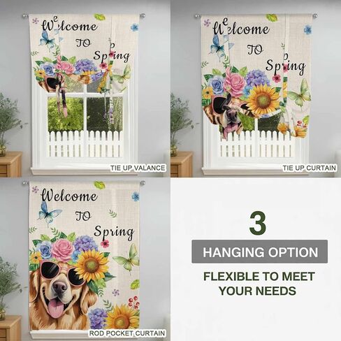 Spring Dog Tie Up Curtains for Window, Rustic Watercolor Botanical Floral Sunflower Thermal Insulated Balloon Shade Adjustable Rod Pocket Curtains Valance Panels for Kitchen Bathroom Café 46'' x 63'' in Saudi Arabia