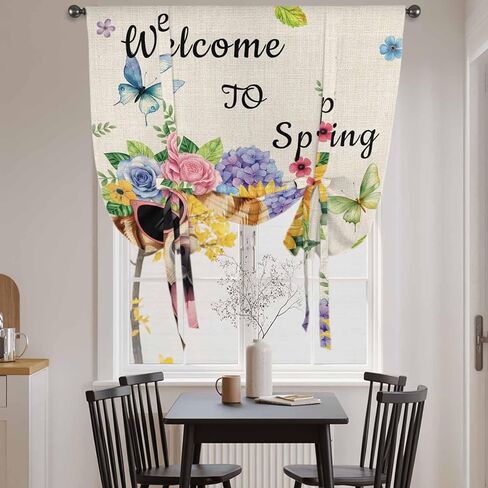 Spring Dog Tie Up Curtains for Window, Rustic Watercolor Botanical Floral Sunflower Thermal Insulated Balloon Shade Adjustable Rod Pocket Curtains Valance Panels for Kitchen Bathroom Café 46'' x 63'' in Saudi Arabia