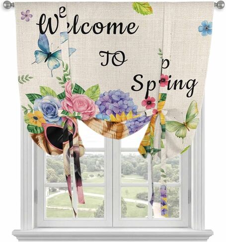 Spring Dog Tie Up Curtains for Window, Rustic Watercolor Botanical Floral Sunflower Thermal Insulated Balloon Shade Adjustable Rod Pocket Curtains Valance Panels for Kitchen Bathroom Café 46'' x 63'' in Saudi Arabia