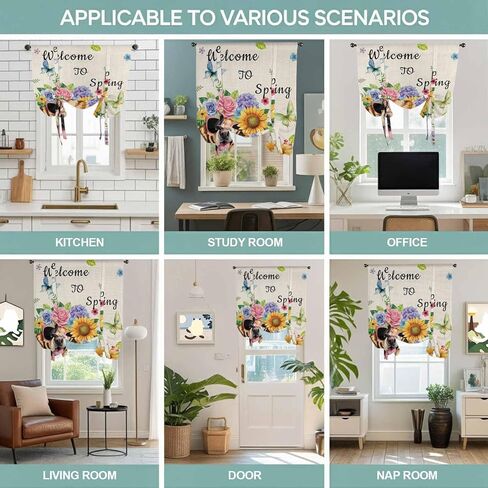 Spring Dog Tie Up Curtains for Window, Rustic Watercolor Botanical Floral Sunflower Thermal Insulated Balloon Shade Adjustable Rod Pocket Curtains Valance Panels for Kitchen Bathroom Café 46'' x 63'' in Saudi Arabia