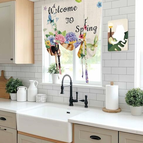 Spring Dog Tie Up Curtains for Window, Rustic Watercolor Botanical Floral Sunflower Thermal Insulated Balloon Shade Adjustable Rod Pocket Curtains Valance Panels for Kitchen Bathroom Café 46'' x 63'' in Saudi Arabia
