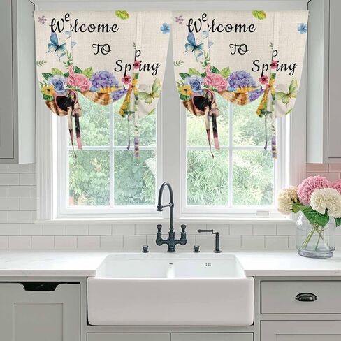 Spring Dog Tie Up Curtains for Window, Rustic Watercolor Botanical Floral Sunflower Thermal Insulated Balloon Shade Adjustable Rod Pocket Curtains Valance Panels for Kitchen Bathroom Café 46'' x 63'' in Saudi Arabia