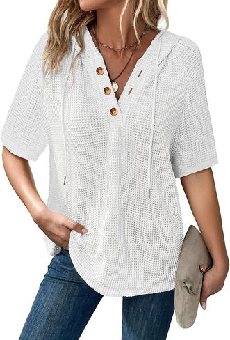 Hoodies for Women Oversized Waffle Knit V-Neck Summer Top Casual Drawstring Hooded Pullover Sweatshirt in Kuwait