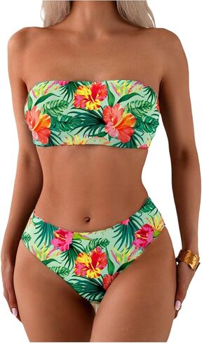 SweatyRocks Women's 2 Piece Bandeau Swimsuit Boho Floral Print Strapless High Waisted Bathing Suit Swimwear in Saudi Arabia