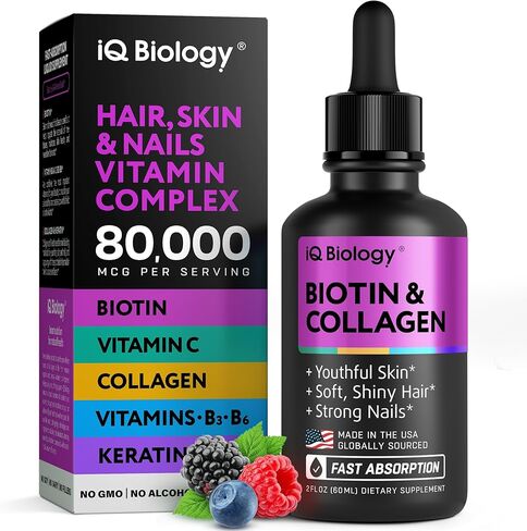 Liquid Biotin 5000mcg Drops – 80,000mcg Hair Growth Vitamins Complex with Astragalus, Collagen & Keratin | Made in the USA | Extra Strength Hair Skin and Nails Vitamins - Hair Vitamins for Women & Men in Kuwait