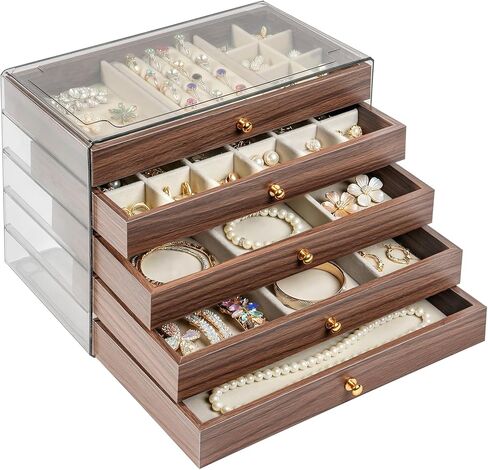Wooden Jewelry Box for Women, 5-Layer Jewelry Organizers and Storage with 5 Drawers & Velvet Trays, Large Earring Holder, Necklace Ring Travel Case, Gift Box for Drawer, Wood in Saudi Arabia