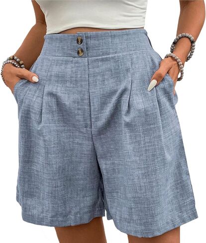 Women's High Waisted Linen Shorts Summer Casual Wide Leg Shorts with Pockets Button Plain Office Beach Vacation Pants in Saudi Arabia