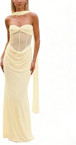 Women Tube Top Dres Sexy Lace Patchwork Maxi Dress Strapeless Mesh See Through Ruched Long Dresses with Scarf Summer in Kuwait