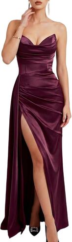 Women's Elegant Satin Deep V Neck High Slit Ruched Slim Fit Strapless Evening Prom Maxi Dress in Kuwait