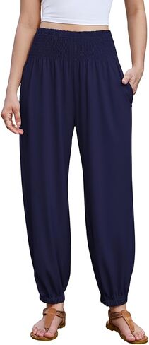 Womens Flowy Wide Leg Palazzo Pants High Waisted Casual Beach Trousers for Summer with Pockets in Kuwait