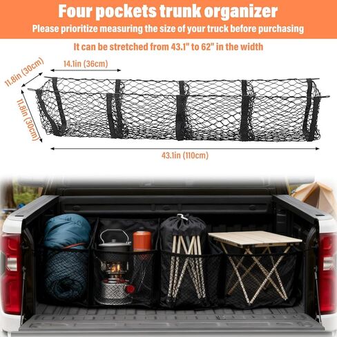 4 Pocket Cargo Net for Pickup Truck Bed 43.1 × 11.8 inch Adjustable Elastic Mesh Car Rear Storage Organizer with 4 Carabiners Accessories, Heavy Duty Cargo Netting for Pickup, Truck, SUV in Saudi Arabia