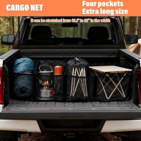 4 Pocket Cargo Net for Pickup Truck Bed 43.1 × 11.8 inch Adjustable Elastic Mesh Car Rear Storage Organizer with 4 Carabiners Accessories, Heavy Duty Cargo Netting for Pickup, Truck, SUV in Saudi Arabia