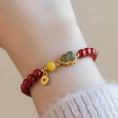 朱砂 charm bracelet 手串女天然和田玉葫芦金镶玉 friendship bracelets 手链古风福禄紫金砂和田玉葫芦蜜蜡金钱-帝王砂6mm in Kuwait
