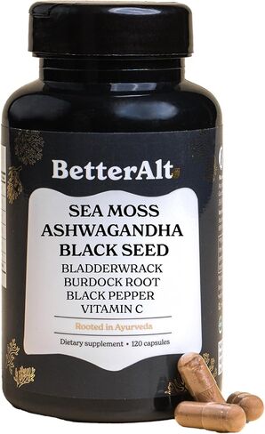 كبسولات طحالب البحر - طحالب البحر الأيرلندية مع زيت الحبة السوداء والأشواغاندا والفلفل الأسود للقدرة على التحمل والقوة والقدرة على التحمل - مكمل طحالب البحر عالي الفعالية - 60 وجبة، 120 كبسولة in Kuwait