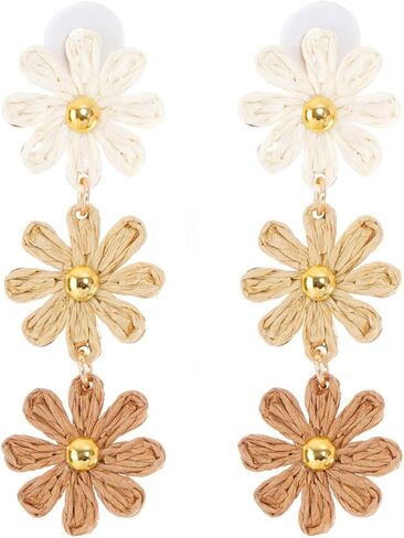 Raffia Flower Earrings Boho Handmade Straw Wrapped Drop Dangle Earrings for Women Summer Beach Jewelry in Saudi Arabia