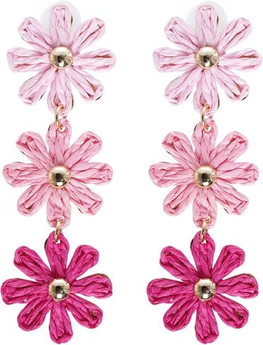 Raffia Flower Earrings Boho Handmade Straw Wrapped Drop Dangle Earrings for Women Summer Beach Jewelry in Saudi Arabia