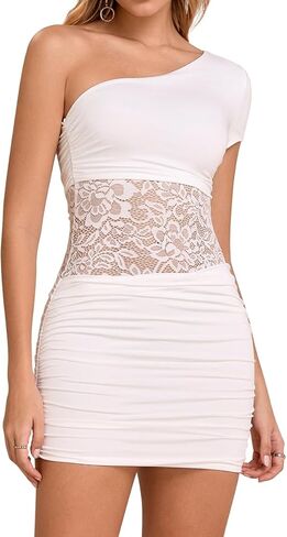 Women's One Shoulder Mini Dress Lace Patchwork Cutout Sexy Bodycon Ruched Club Cocktail Party Short Dress in Saudi Arabia