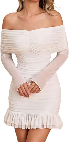 XinFSh Women's Sexy Off The Shoulder Bodycon Mini Dress Fall Long Sleeve Ruffle Ruched Short Party Club Dresses in Kuwait