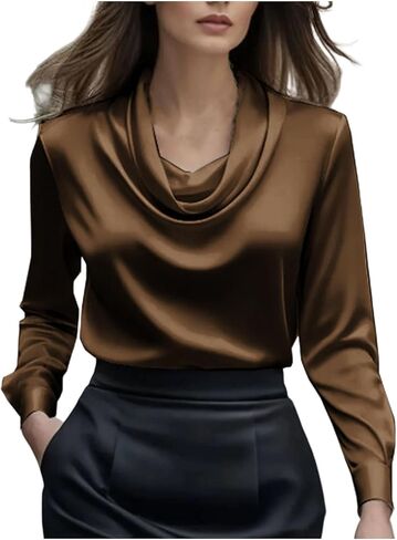 Women's Satin Blouse Cowl Neck Draped Dressy Tops Silky Long Sleeve Business Casual Outfit Fashion Clothes in Saudi Arabia