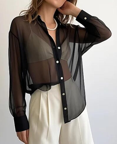 Sheer Mesh Button Shirt Women's Chiffon Shirt Long Sleeved See-Through Blouse in Saudi Arabia