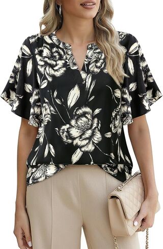 VALOLIA Womens Dressy Casual Blouses Tops Short Sleeve V Neck Floral Business Work Shirts in Kuwait