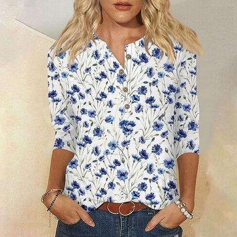 Womens 3/4 Sleeve Floral Print Shirts V Neck Button Fall Casual Henley Tops Blouses in Saudi Arabia