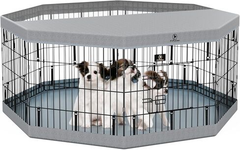PJYuCien Foldable Exercise Metal Pet Playpen with Door and Bottom Pad, Dog Fence, Puppy Pen, Rabbit Yard, Small Animal Kennels, Indoor/Outdoor 8 Panel 24" W x 30" H-Grey in Saudi Arabia