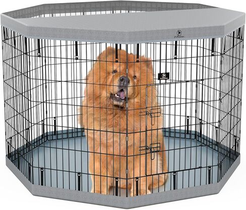 PJYuCien Foldable Exercise Metal Pet Playpen with Door and Bottom Pad, Dog Fence, Puppy Pen, Rabbit Yard, Small Animal Kennels, Indoor/Outdoor 8 Panel 24" W x 30" H-Grey in Saudi Arabia