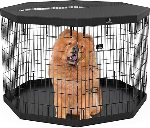 PJYuCien Foldable Exercise Metal Pet Playpen with Door and Bottom Pad, Dog Fence, Puppy Pen, Rabbit Yard, Small Animal Kennels, Indoor/Outdoor 8 Panel 24" W x 30" H-Grey in Saudi Arabia