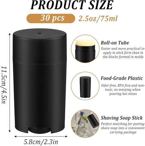 30 Pcs 75ml/2.5oz Plastic Deodorant Containers,Empty Oval Twist-Up Solid Stick Tube Container for Homemade Deodorant,Shaving Soap Stick,Heel Lip Balm,Solid Lotion Bars-Top Filling, Black in Kuwait
