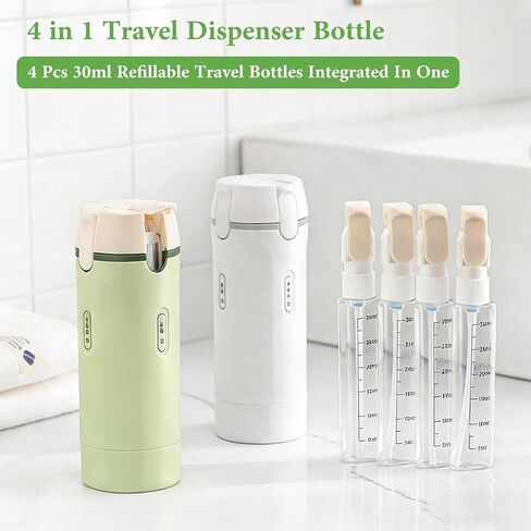 4 in 1 Travel Dispenser Bottle - 4 Pcs 30ml Refillable Travel Bottles Integrated Into One Space-Saving Kit,Travel Size Toiletries Leakproof Containers for Shampoo, Lotion & Cream,Travel Essentials in Saudi Arabia