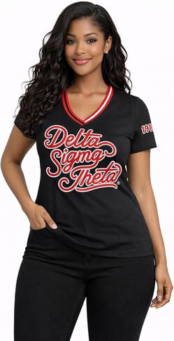 Delta Sigma Theta Design, DST Sorority Script Style Vibrant Glitter Design V-Neck T-Shirt in Saudi Arabia