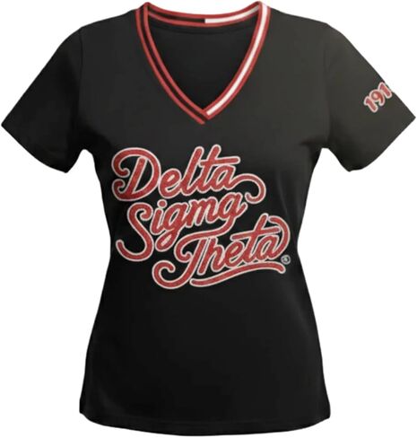 Delta Sigma Theta Design, DST Sorority Script Style Vibrant Glitter Design V-Neck T-Shirt in Saudi Arabia