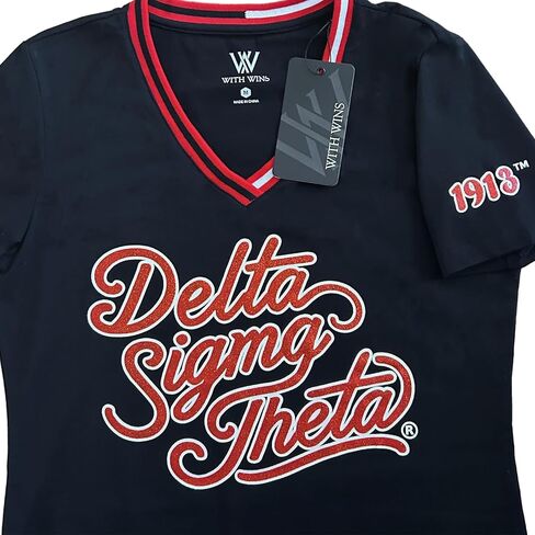 Delta Sigma Theta Design, DST Sorority Script Style Vibrant Glitter Design V-Neck T-Shirt in Saudi Arabia