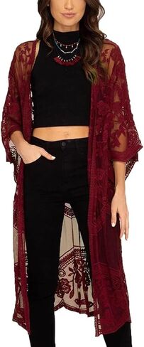 FaroDor Women's Long Flowy Lace Crochet Kimono Cardigan Boho Style Summer Beach Cover Ups Wine Red in Kuwait