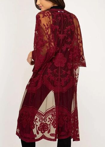 FaroDor Women's Long Flowy Lace Crochet Kimono Cardigan Boho Style Summer Beach Cover Ups Wine Red in Kuwait
