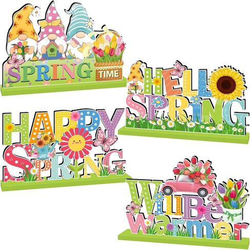 4 قطع من ديكورات الربيع قطع مركزية للطاولة الخشبية، ديكورات طاولة مرحبًا بالربيع، شاحنة زهرة جنوم، ديكور سطح الطاولة الخشبي على شكل فراشة للمنزل والمكتب والمزرعة وديكور الطاولة in Kuwait